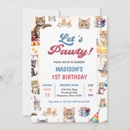 かわいいキティキャット1歳の誕生日パーティの招待状 招待状 (正面)