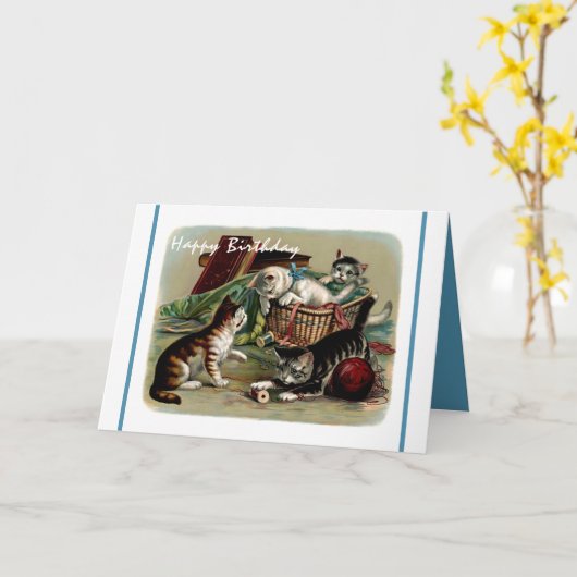 かわいいキティ猫ヴィンテージ写真ハッピーバースデー カード (黄色い花)