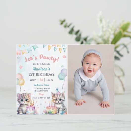かわいいキティ猫1歳の誕生日パーティー写真 招待状 (スタンド正面)