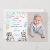 かわいいキティ猫1歳の誕生日パーティー写真 招待状 (正面)