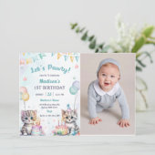 かわいいキティ猫1歳の誕生日パーティー写真 招待状 (スタンド正面)