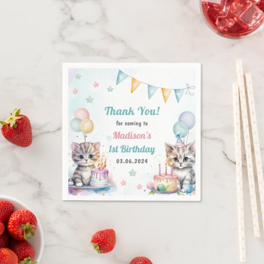 かわいいキティ猫1歳の誕生日パーティー スタンダードカクテルナプキン (インサイチュ)