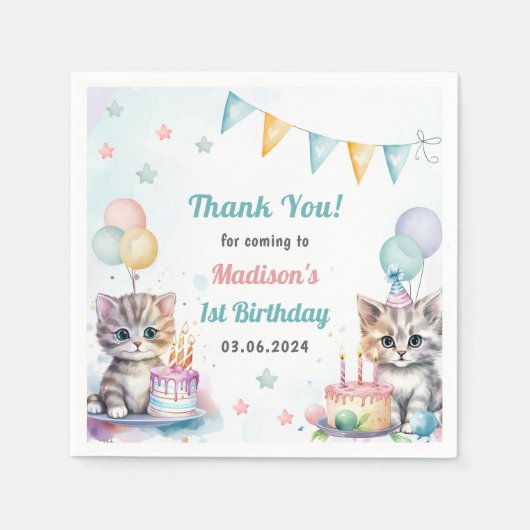かわいいキティ猫1歳の誕生日パーティー スタンダードカクテルナプキン (正面)