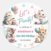 かわいいキティ猫1歳の誕生日パーティー ラウンドシール (正面)