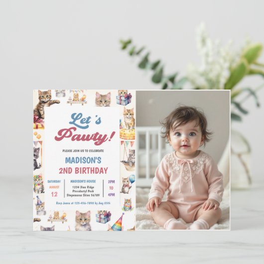 かわいいキティ猫2nd誕生日パーティー写真 招待状 (スタンド正面)