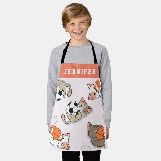かわいいキティ＆スポーツボール 女の子の名前 子供 エプロン (着用した状態)