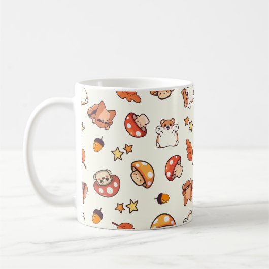 かわいいキノコと動物 – クリーム コーヒーマグカップ (左)