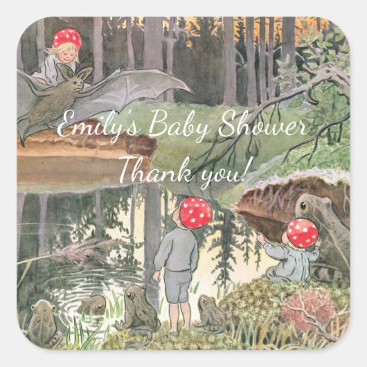 かわいいキノコのウッドランドカエル赤ちゃんシャワー スクエアシール (正面)