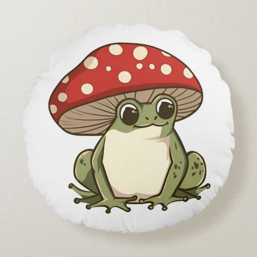 かわいいキノコのカエル ラウンドクッション (正面)