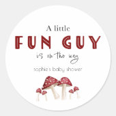 かわいいキノコの森のベイビーシャワーステッカー「A Little Fun Guy」赤い水彩の森のキノ ラウンドシール (正面)