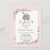 かわいいキノコ蝶ピンクの赤ちゃんシャワー 招待状 (正面/裏面)