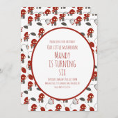 かわいいキノコ誕生日パーティーガーデンレッド 招待状 (正面/裏面)