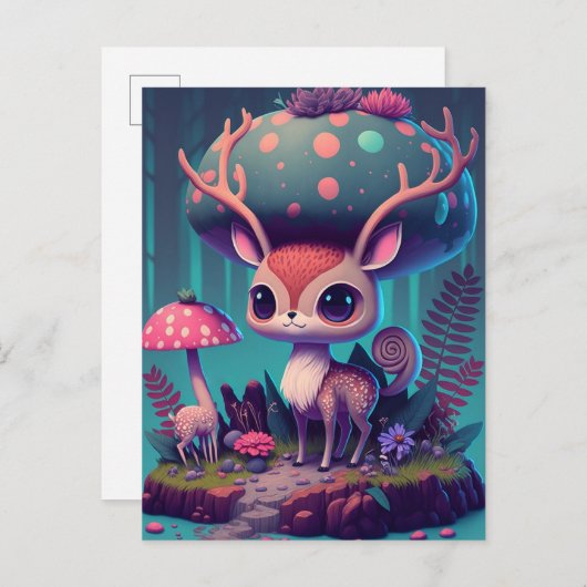 かわいいキノコ鹿ファンタジー絵葉書 ポストカード (正面/裏面)