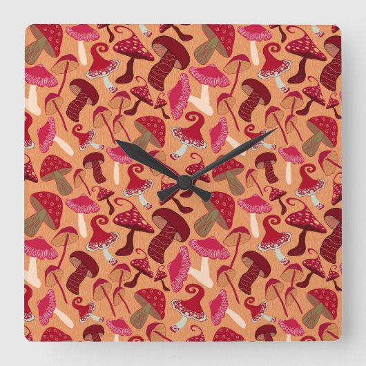 かわいいキノコ スクエア壁時計 (正面)
