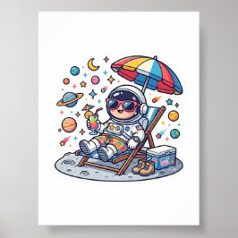 かわいいキモカワイイ宇宙飛行士サマービーチスペースステッカー ポスター