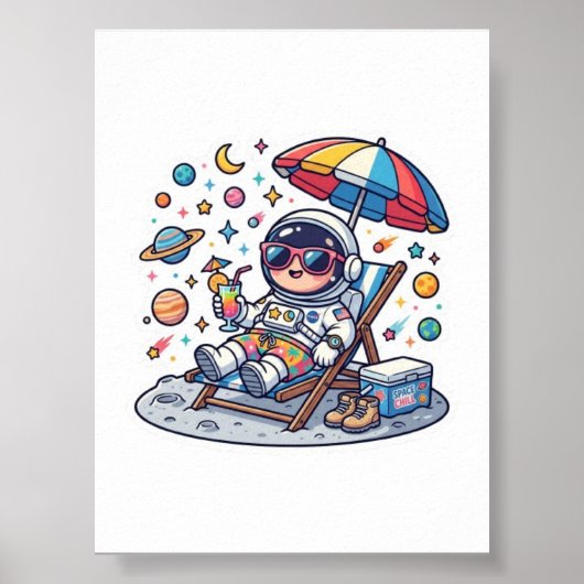 かわいいキモカワイイ宇宙飛行士サマービーチスペースステッカー ポスター (正面)
