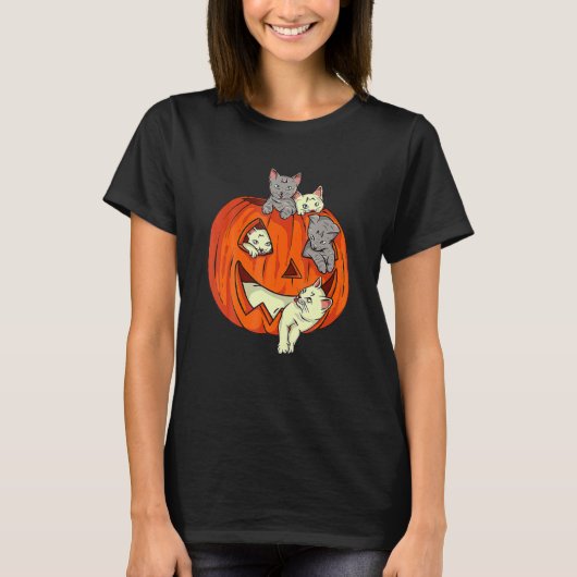 かわいいキャットカボチャ彫りハロウィーンのカボチャのちょうちんキャットハロー Tシャツ (正面)