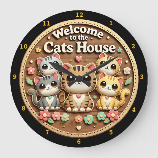かわいいキャットクロックウェルカムホーム ラージ壁時計 (正面)