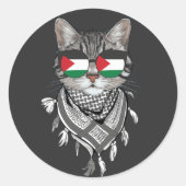 かわいいキャットパレスティナ国旗のメガネケフィエスカーフ ラウンドシール (正面)