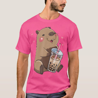 かわいいキャピバラかわいいアニメ飲むバブルティーキャップ Tシャツ