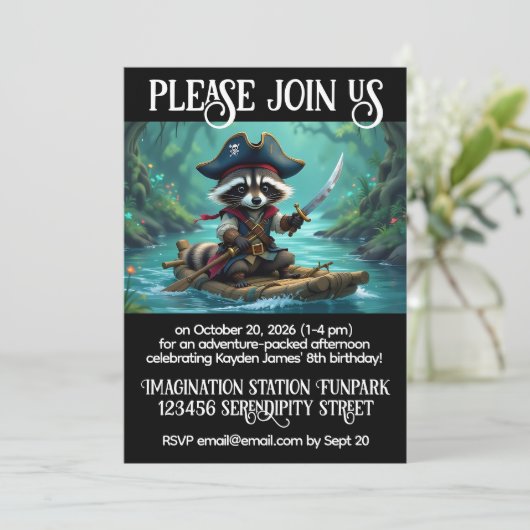 かわいいキャプテンラクーンラフティングボーイズ誕生日 招待状 (スタンド正面)