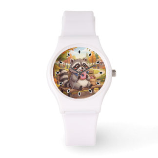 かわいいキャラクターのアライグマがイチゴドーナツを食べている 腕時計
