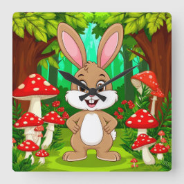 かわいいキャラクターのウサギが豊かな森に佇む スクエア壁時計