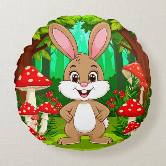 かわいいキャラクターのウサギが豊かな森に佇む ラウンドクッション (正面)