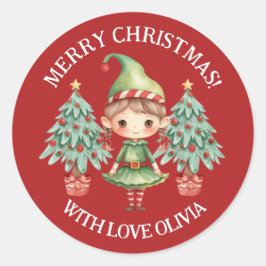 かわいいキャラクターのエルフの女の子 メリークリスマスのお礼シール ラウンドシール