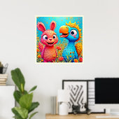 かわいいキャラクターのオウムとウサギの絵 ポスター (ホームオフィス)