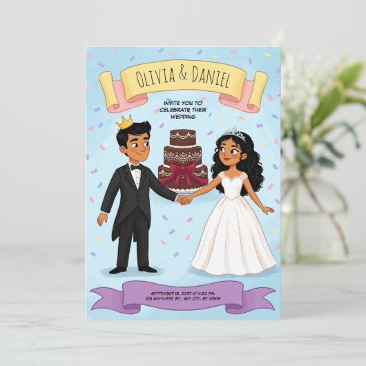 かわいいキャラクターのカップルの結婚式の招待状 招待状 (スタンド正面)