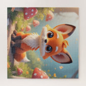 かわいいキャラクターのキツネが森の小道に座っています ジグソーパズル (横)