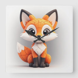 かわいいキャラクターのキツネ 3D おもちゃのマスコット 座って微笑む スクエア壁時計