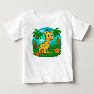 かわいいキャラクターのキリンと南国の風景 ベビーTシャツ