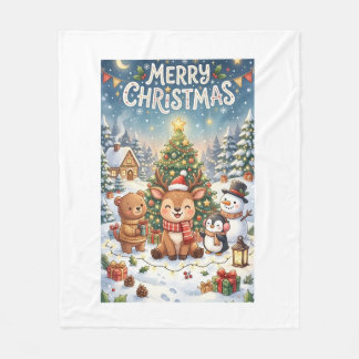 • かわいいキャラクターのクリスマスのトナカイと友達 冬 フリースブランケット
