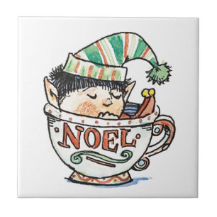 かわいいキャラクターのクリスマスエルフがティーカップで眠る タイル