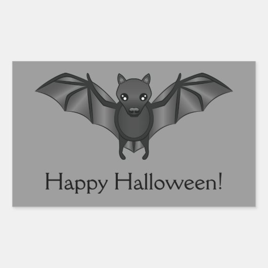 かわいいキャラクターのコウモリとハッピーハロウィンの文字 長方形シール (正面)