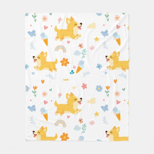 かわいいキャラクターのコーギー犬 フリースブランケット (正面)