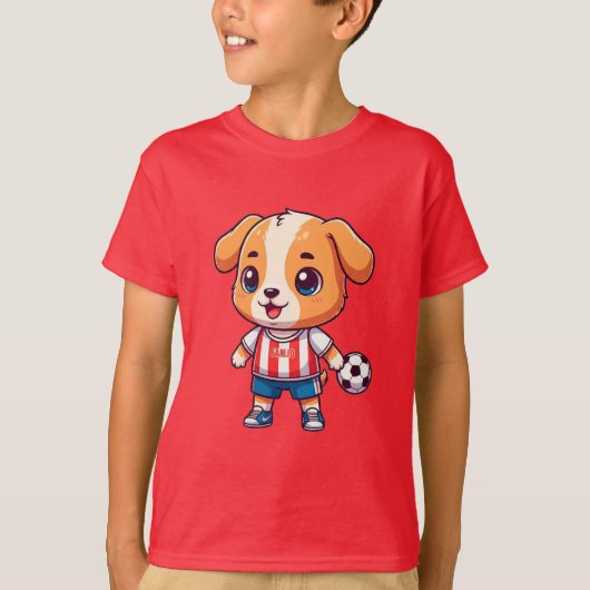 かわいいキャラクターのサッカー選手の子犬 Tシャツ (正面)