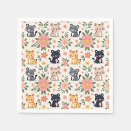 かわいいキャラクターのジャングルの猫と花 スタンダードカクテルナプキン