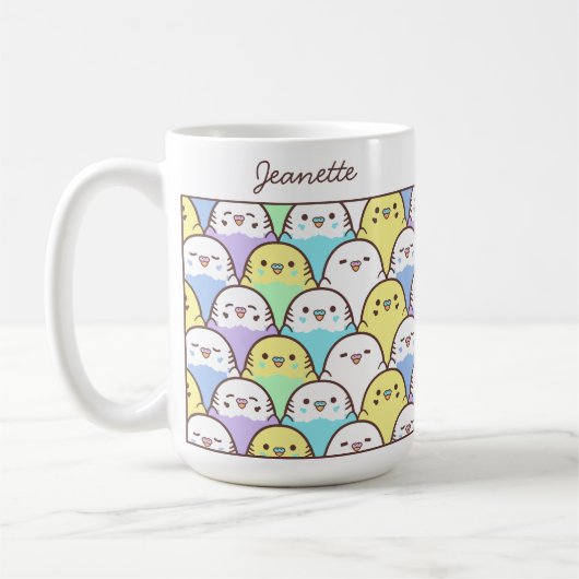 かわいいキャラクターのセキセイインコ柄 名前入り コーヒーマグカップ (左)