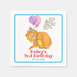 かわいいキャラクターのトリケラトプスとプテロダクティルスの子供の誕生日 スタンダードカクテルナプキン