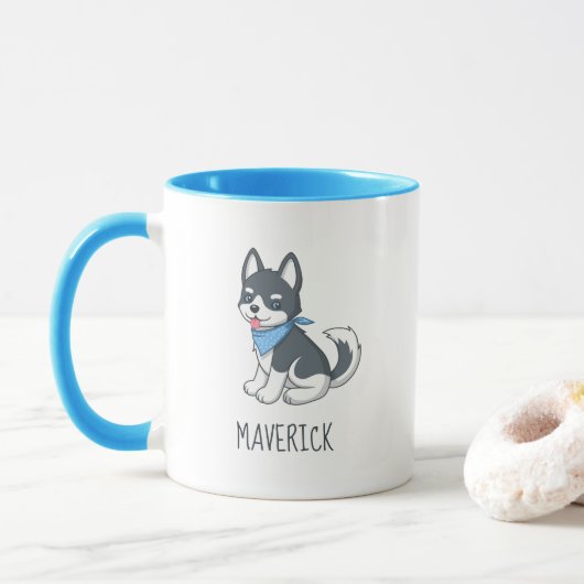 かわいいキャラクターのハスキー子犬 カスタムネーム マグカップ (ドーナツ)