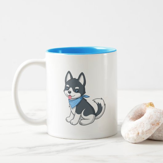 かわいいキャラクターのハスキー子犬 ツートーンマグカップ (ドーナツ)