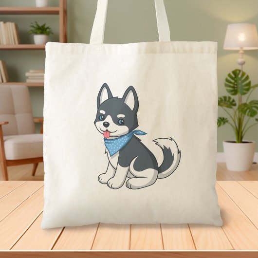 かわいいキャラクターのハスキー子犬 トートバッグ