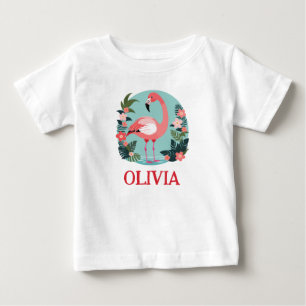かわいいキャラクターのピンクの花柄フラミンゴ ベビーTシャツ
