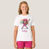 かわいいキャラクターのピンクの野球少女 Tシャツ (正面フル)