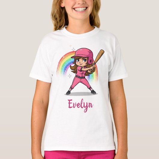 かわいいキャラクターのピンクの野球少女 Tシャツ (正面)