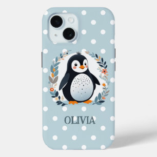 かわいいキャラクターのペンギンと花 iPhone 15ケース