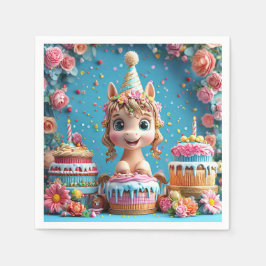 かわいいキャラクターのポニーの誕生日お祝い スタンダードカクテルナプキン